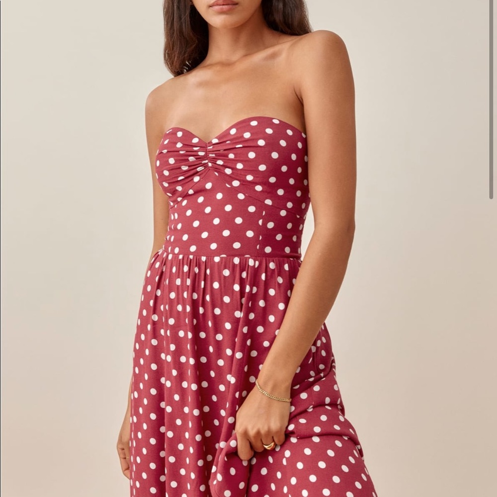 Reformation Strapless Raspberry Polka Dot Midi Dress - Picture 3 of 8